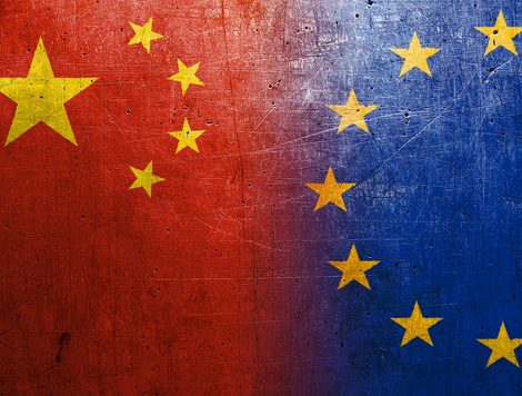 Flags for China and the European Union juxtaposed against each other